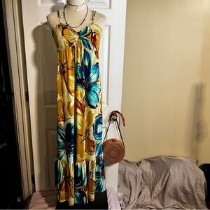 Lily Wms Tropical Floral Pleated Keyhole Beach Resort Boho Summer Maxi Dress M